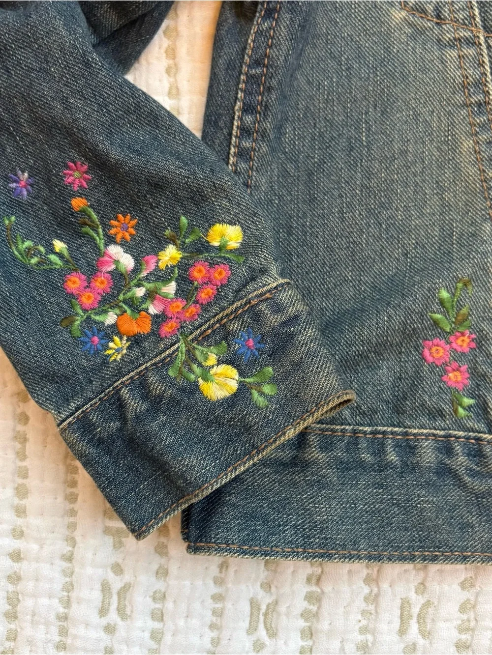 Vintage GAP Girls Denim Jean Jacket Embroidered Flowers Butterfly Size S